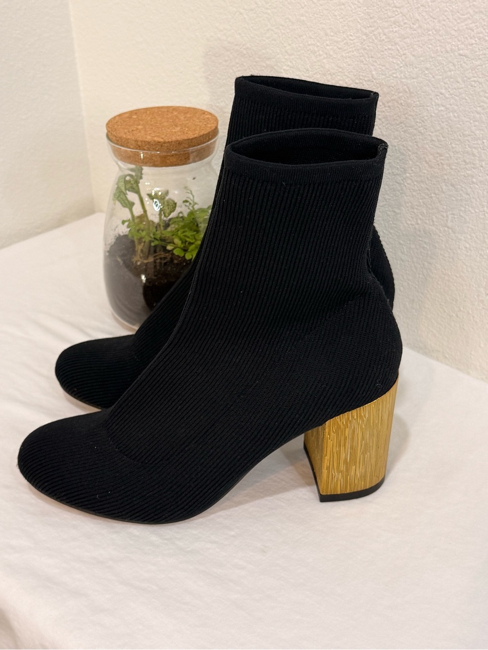 Splendid Black Knit Sock Booties with Gold Block Heel Size 7